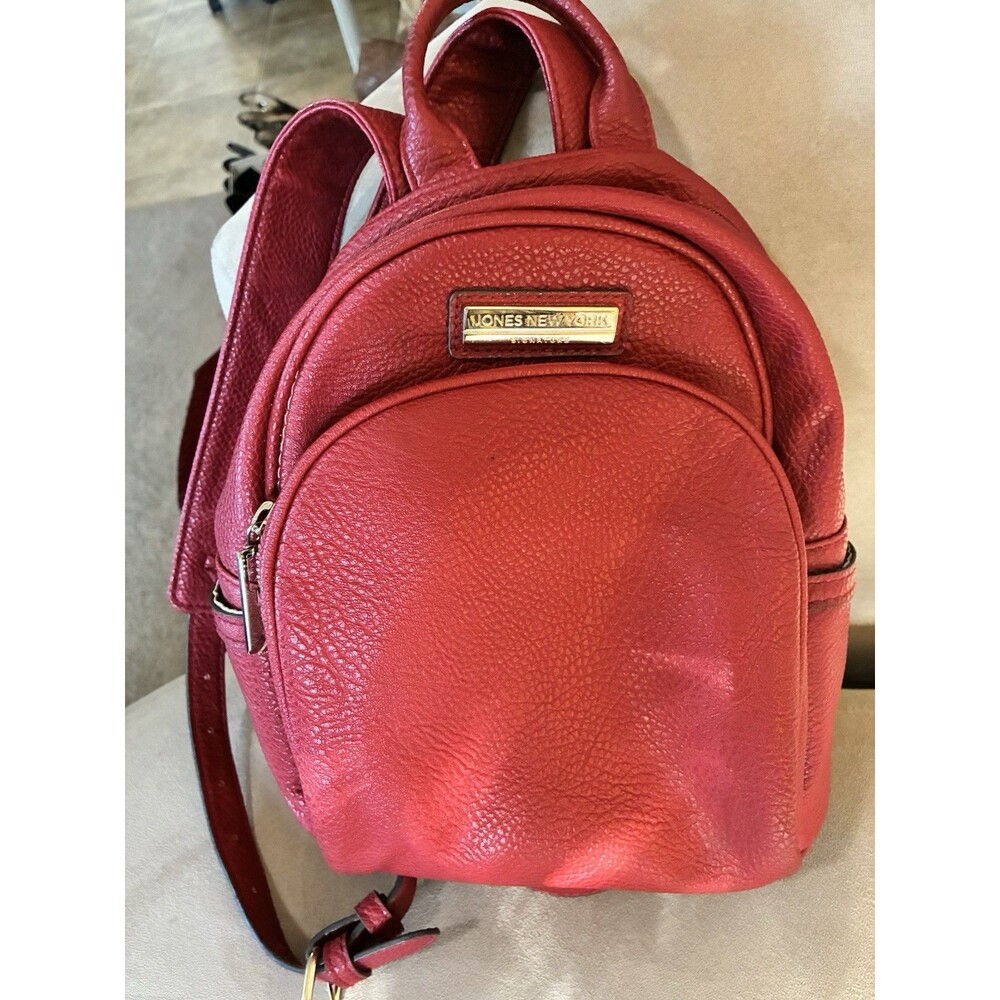 Jones New York Red Pebbled Mini Backpack Zip Top Gold Hardware Inner Pockets